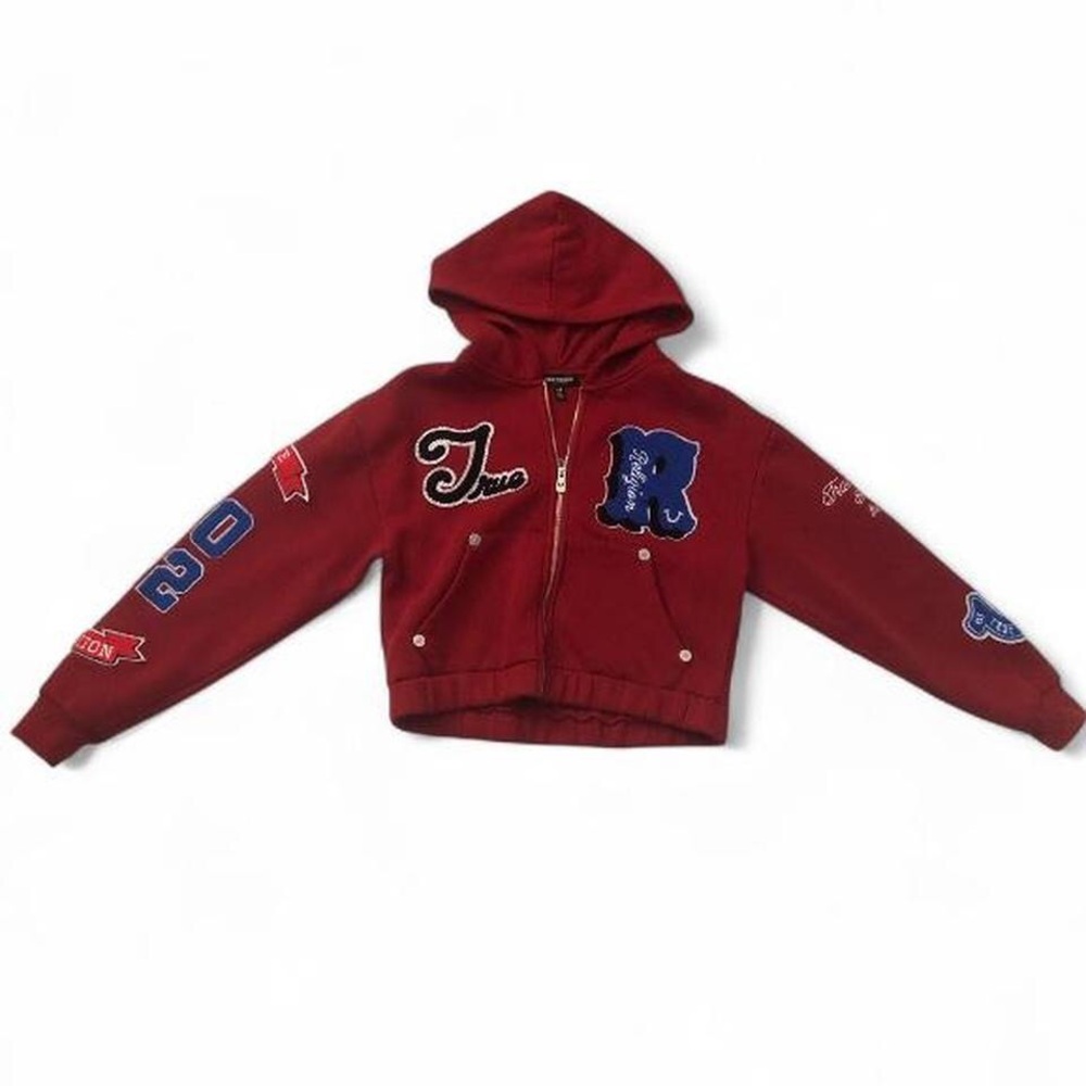True Religion Red Hooded Zip-Up Cropped Varsity Patch Jacket